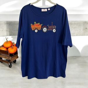 Quacker Factory Blue Embroidered Embellished Knit Fall Halloween Shirt Top Large